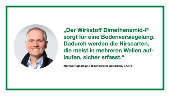 Porträt von Markus Rinninsland mit Zitat zur Wirkung von Dimethenamid-P in der Hirsebekämpfung. 