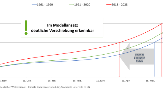 Liniendiagramm mit Temperaturverläufen von 1961 bis 2023 und Hinweis auf eine frühere BBCH 31-Phase durch Klimawandel.