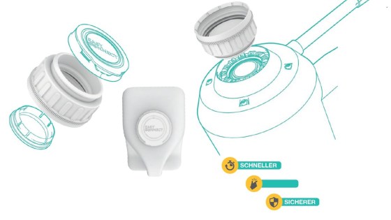 Darstellung des Easyconnect-Systems mit Deckeln und Anschlussmechanismus – schnelleres und sichereres Befüllen von Pflanzenschutzmitteln. 