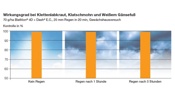 Wirkungsgrad von Biathlon 4D bei Klettenlabkraut, Klatschmohn und Weißem Gänsefuß